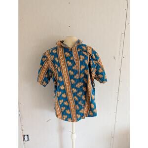 Vintage Capistrano Teal & Mustard Geometric Tribal Print Cotton Button Up Shirt